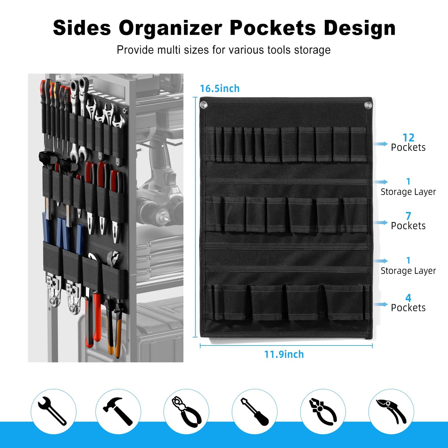 JUNNUJ Large Power Tool Organizer Cart with Charging Station, Garage Floor Standing Rolling Drill and Tools Battery Storage Cart on Wheels, Heavy Duty Rack Shelf with 8 Outlet Power Strip, Black