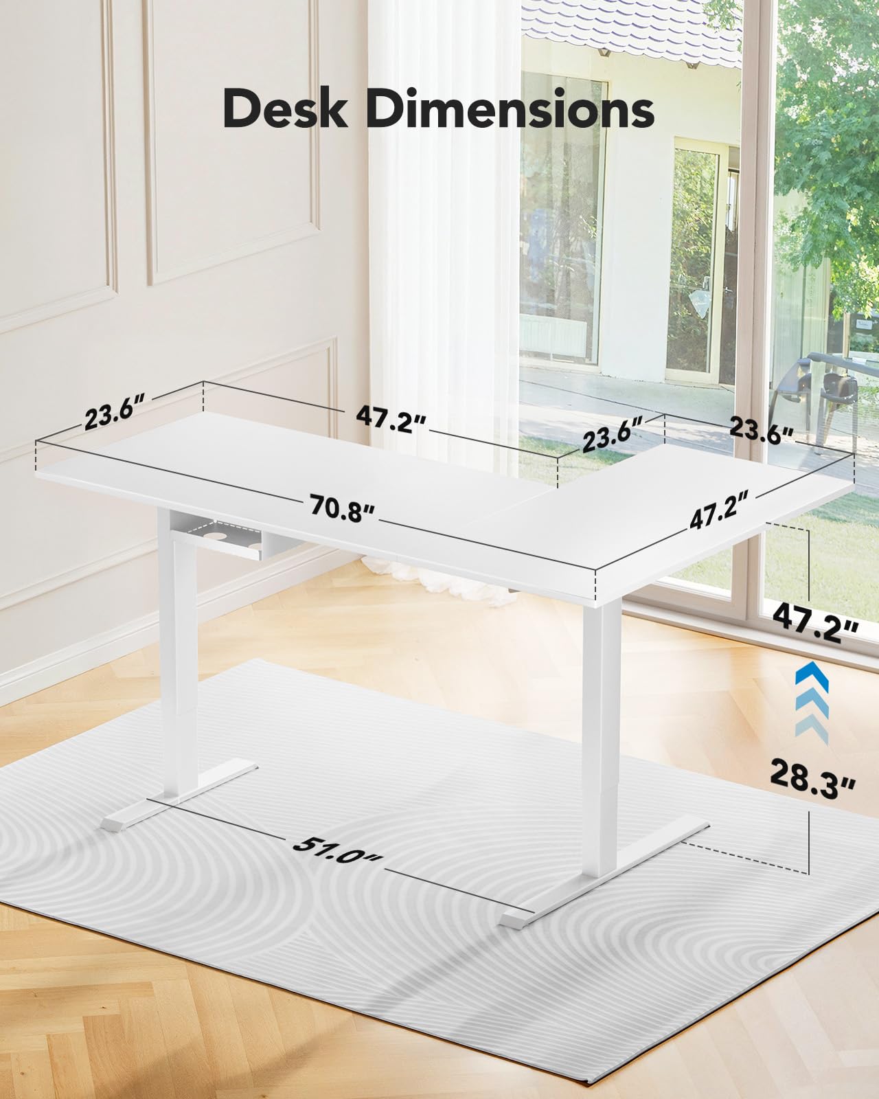 HUANUO L-Shaped Standing Desk, 71 x 48 inch Dual Motor Corner Standing Desk, Electric Height Adjustable Computer Desk with Cable Tray & 3 Preset Heights, Raising Desk for Home Office, White,  - WoodArtSupply