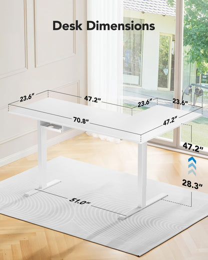 HUANUO L-Shaped Standing Desk, 71 x 48 inch Dual Motor Corner Standing Desk, Electric Height Adjustable Computer Desk with Cable Tray & 3 Preset Heights, Raising Desk for Home Office, White,  - WoodArtSupply