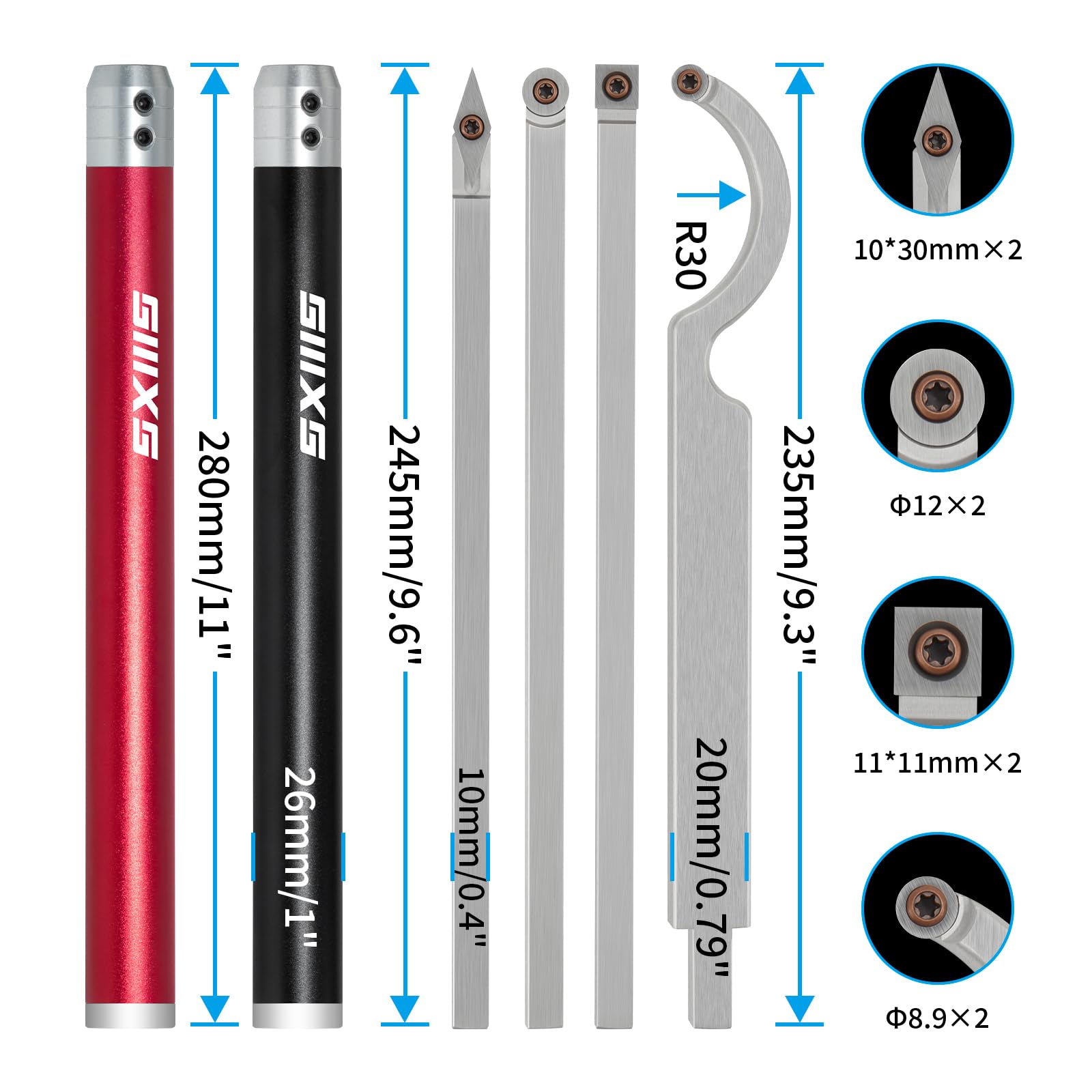 SIIIXS Carbide Tip Wood Lathe Turning Tool set With Bowl sander, Lathe Roughing and Finishing Hollowing Tool Interchangeable Aluminum Alloy Handle with 4pcs Carbide Blade For Woodturning - WoodArtSupply