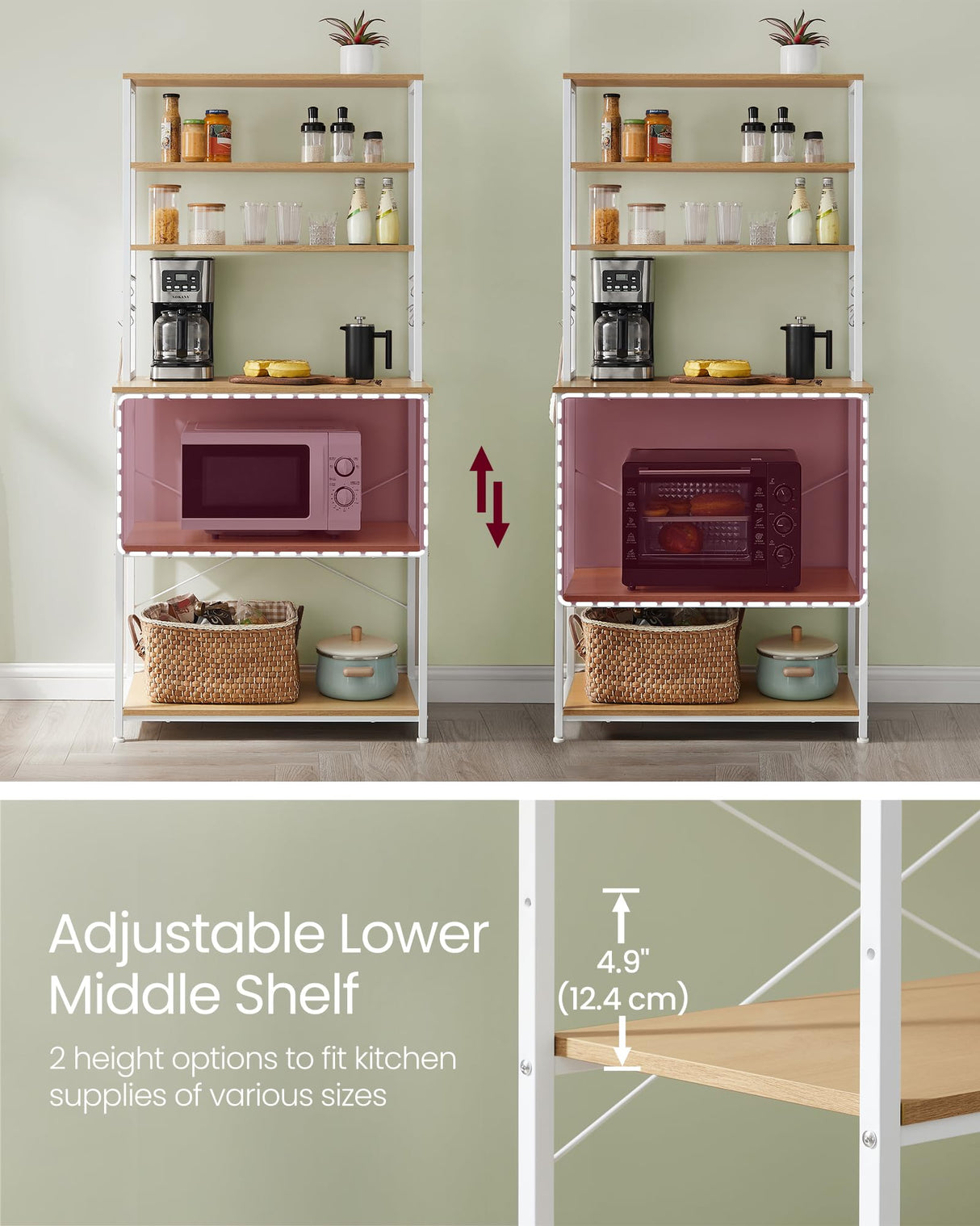 VASAGLE Bakers Rack with Power Outlet, 31.5 Inches Coffee Bar for Kitchen with Storage, 6-Tier Kitchen Shelves with 6 Hooks, Microwave Stand, Golden Oak and White UKKS119Y01 VASAGLE