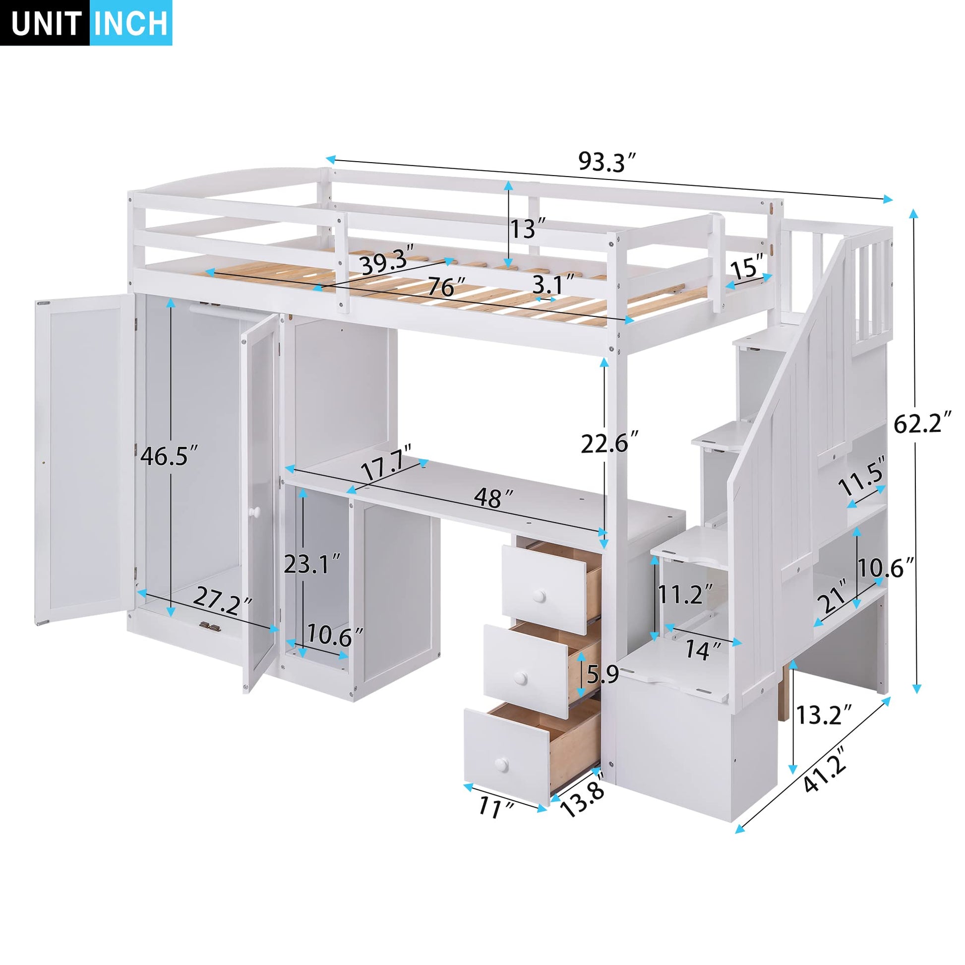 MERITLINE Twin Loft Bed with Desk, Wardrobe, and Storage Stairs - Space-Saving Design for Kids and Teens in White - WoodArtSupply