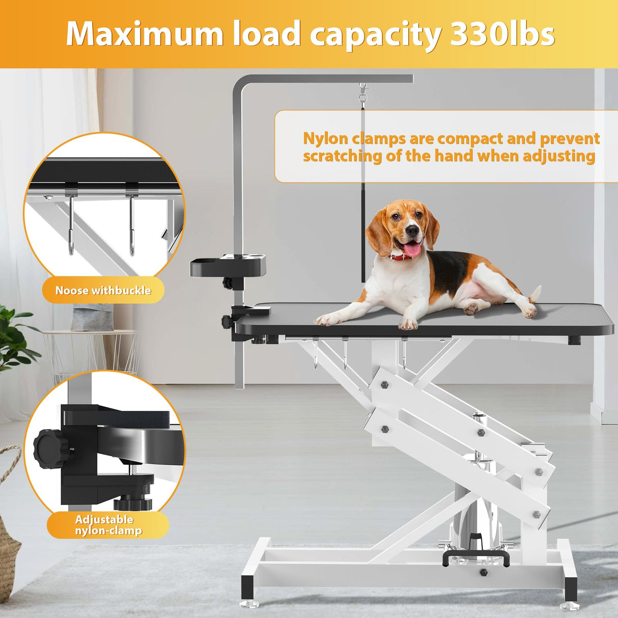 ROOMTEC 43" Hydraulic Pet Grooming Table w/Anti-Static Table Top, Heavy Duty Z-Lift Dog Grooming Table/21-36 w/Armrests/Leash Covers/Tool Organizers/Hooks, Weight Capacity 330LBS Black ROOMTEC