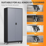 AFAIF Metal Garage Cabinets with Wheels, Heavy Duty Rolling Storage Cabinet with Lock, Storage Caninet with 2 Doors and 4 Shelves, Tall Tool Cabnet on Wheels for Workshop/Home/Office-(Black Gray 75”H) AFAIF