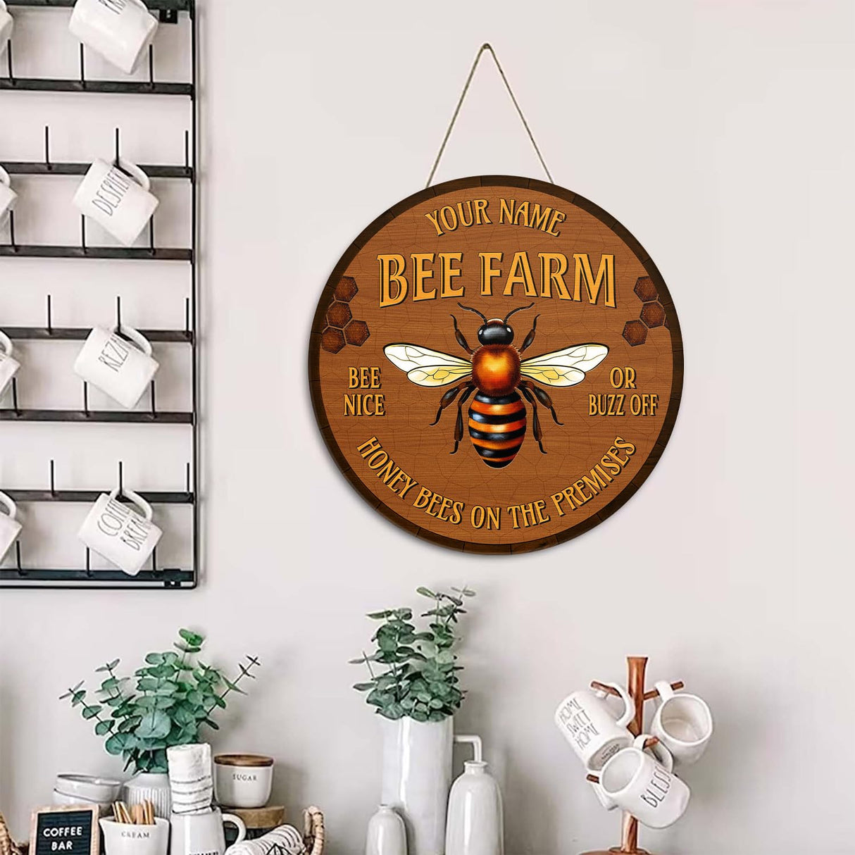 Artsy Woodsy Personalized Honey Bee Wooden Sign (Not Real Carved) Wall Art Plaque Decor Accessories, Gifts for Beekeepers Bee Lovers, Bee Farm Sign, Beekeeping Apiary Beehive Garden Yard Outdoor (12) Artsy Woodsy