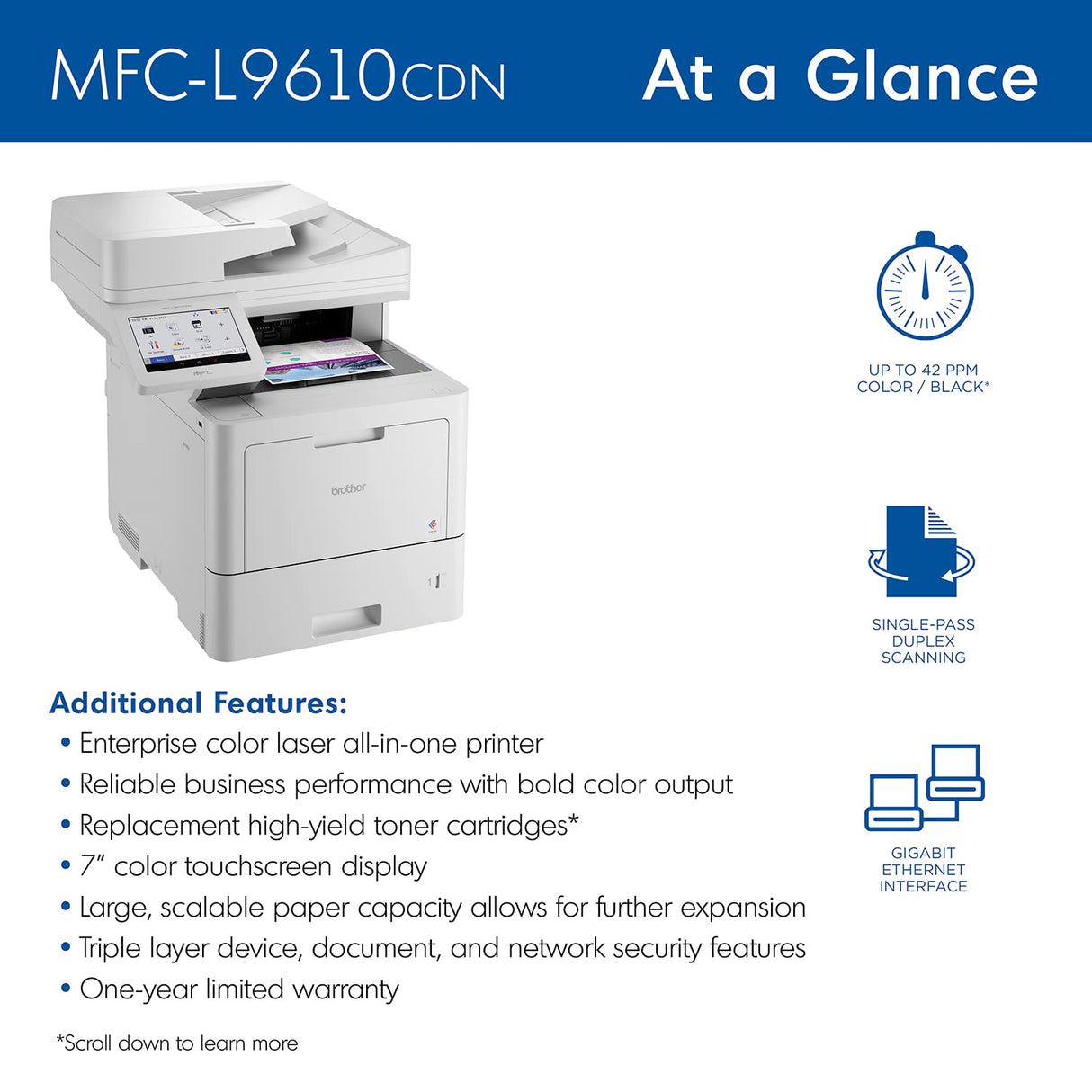 Brother MFC‐L9610CDN Enterprise Color Laser All‐in‐One Printer with Fast Printing, Large Paper Capacity, and Advanced Security Features, White Brother