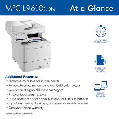 Brother MFC‐L9610CDN Enterprise Color Laser All‐in‐One Printer with Fast Printing, Large Paper Capacity, and Advanced Security Features, White