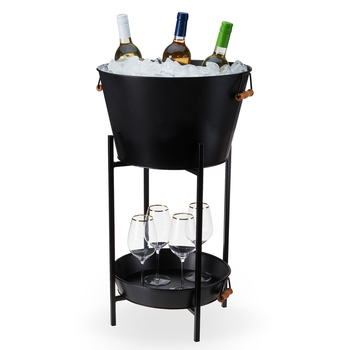 Twine Black Beverage Tub with Collapsible Stand, Large Metal Bucket and Tray, Ice Drink Buckets with Acacia Wood Handles for Parties, 3-Piece Set Twine
