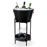 Twine Black Beverage Tub with Collapsible Stand, Large Metal Bucket and Tray, Ice Drink Buckets with Acacia Wood Handles for Parties, 3-Piece Set Twine