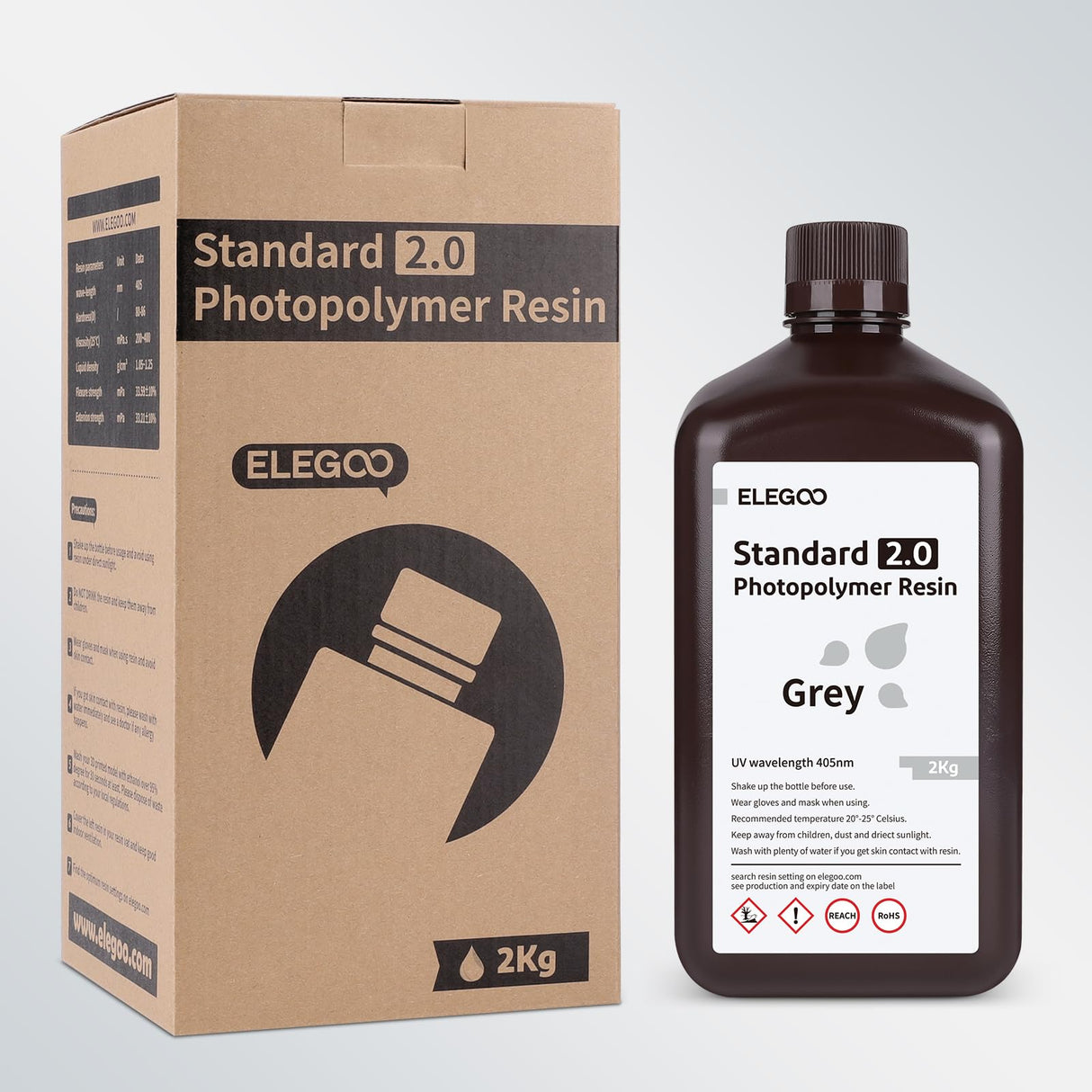 ELEGOO Upgraded Standard 3D Printer Resin, Photopolymer 405nm UV Curing Resin 2.0 for LCD/DLP 3D Printing Grey 2KG ELEGOO