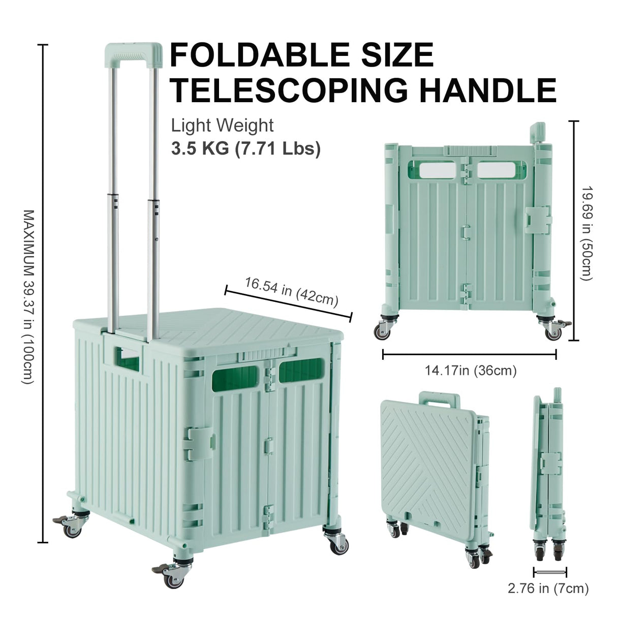 MACOPRO Folding Utility Cart Portable Rolling Crate Handcart Shopping Trolley Collapsible Tool Box, with Lid, Basket on 4 Rotate Wheels, for Grocery, Office, Teacher, Travel Shop Move Luggage (Green) MACOPRO