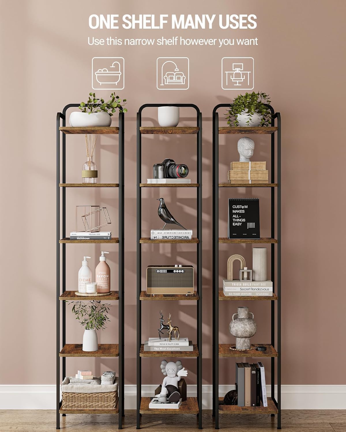 Hzuaneri Bookcase Bookshelf, Narrow Book Shelf, Industrial Corner Shelf Storage Organizer, Slim Shelving Unit for Home Office, Living Room, Bedroom, Kitchen, 6-Tier Rustic Brown and Black BC24601B Hzuaneri
