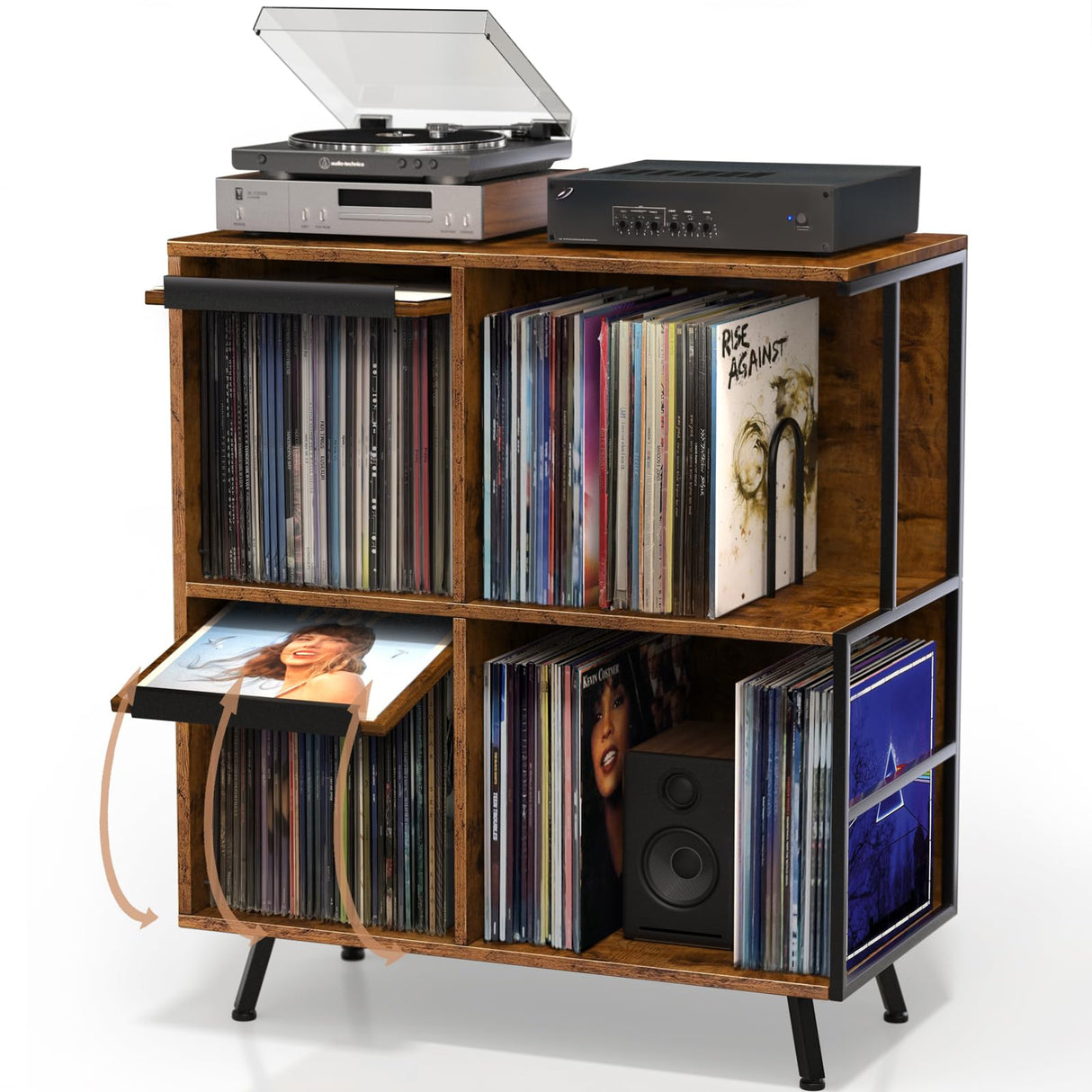 3 Tier Record Player Stand, Flip Top Record Player Cabinet, Mid Century Record Player Table with Shelves Holds up to 300+ Albums, Vinyl Record Storage with 4 U-Dividers for Living Room Bedroom, Brown Faesun