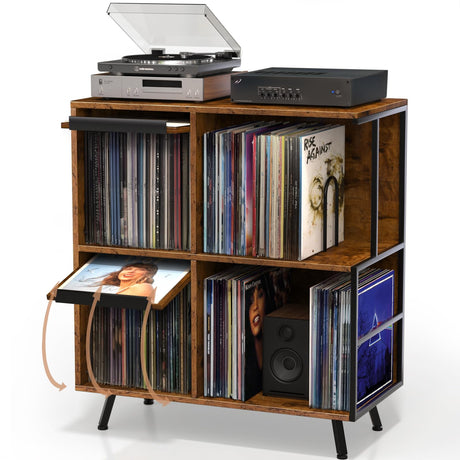 3 Tier Record Player Stand, Flip Top Record Player Cabinet, Mid Century Record Player Table with Shelves Holds up to 300+ Albums, Vinyl Record Storage with 4 U-Dividers for Living Room Bedroom, Brown Faesun