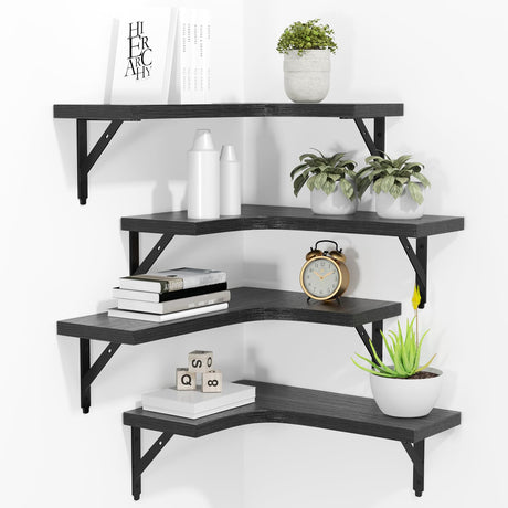 ROMGUAR CRAFT Corner Floating Shelves Wall Mounted Set of 4, Rustic Wood Storage Display Wall Shelves for Home Decor, Bathroom, Kitchen, Bedroom, Living Room, Office (Black) ROMGUAR CRAFT