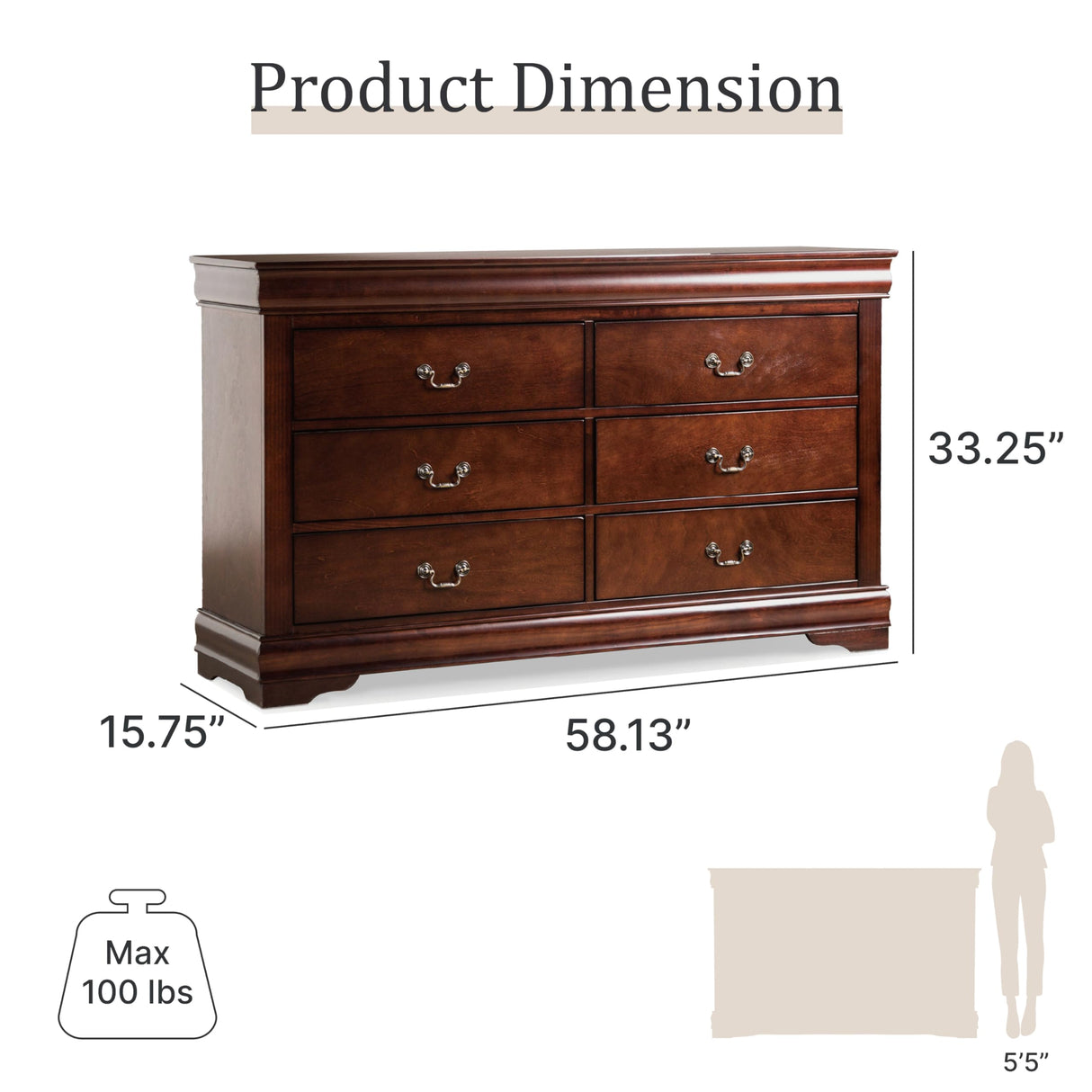 Furniture of America Arabella Traditional 6 Double Dresser with Antique Nickle Handles, Freestanding Storage Cabinet, No Assembly Wooden Chest of Drawers for Bedroom, Living Room, Cherry Furniture of America