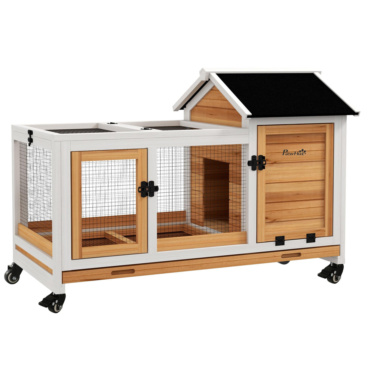 PawHut Indoor Outdoor Wooden Rabbit Hutch with Wheels, Large Bunny Hutch with Run & Slide-Out Tray for Small Animals, Guinea Pig, Yellow PawHut