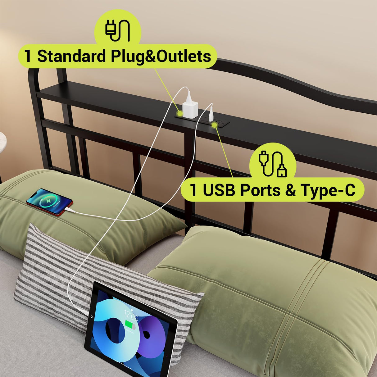 UOMEUR Metal Bed Frame with Headboard and USB & Type C Charging Station, Heavy Duty Metal Bed Frame No Box Spring Needed with Ample Storage Space - Easy Assembly and Noise Free (Black, Queen) UOMEUR