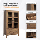 VINGLI Storage Cabinet with Glass Doors and Drawer, Glass Display Cabinet Display Case, Rustic Storage Cabinet with Doors and Shelves, Showcase Display Cabinet w/Cedar Finish & Solid Wood Leg,Walnut VINGLI