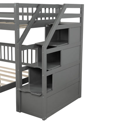 Twin Over Full Solid Wood Bunk Bed with Storage Stairs in Grey - WoodArtSupply