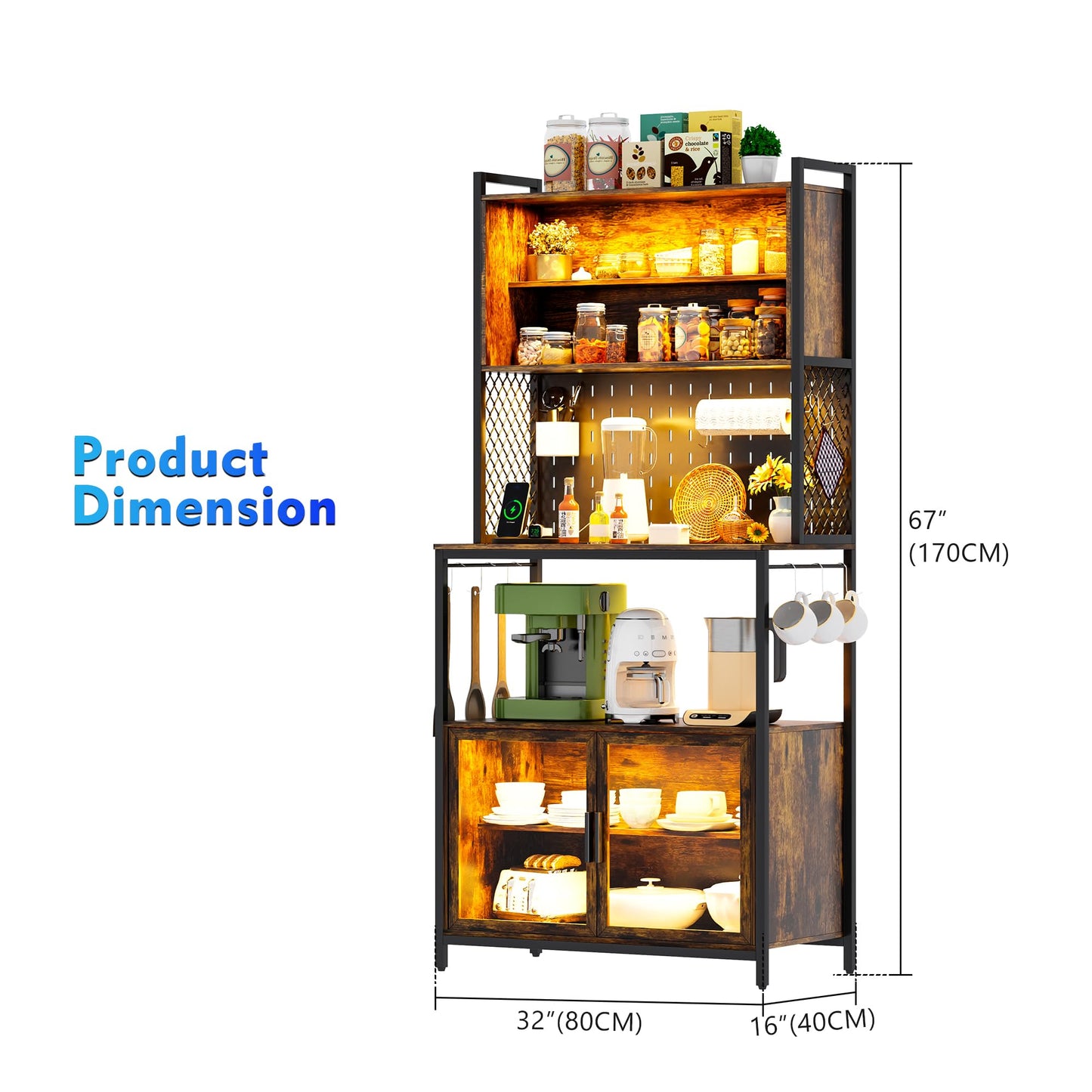 Lvifur LED Bakers Rack with Lights, 67” Tall Pantry Storage Cabinet for Kitchen, 7 Tier Microwave Stand with Pegboard, Adjustable Shelves and Hooks (Rustic Brown)