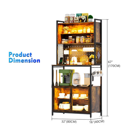 Lvifur LED Bakers Rack with Lights, 67” Tall Pantry Storage Cabinet for Kitchen, 7 Tier Microwave Stand with Pegboard, Adjustable Shelves and Hooks (Rustic Brown)