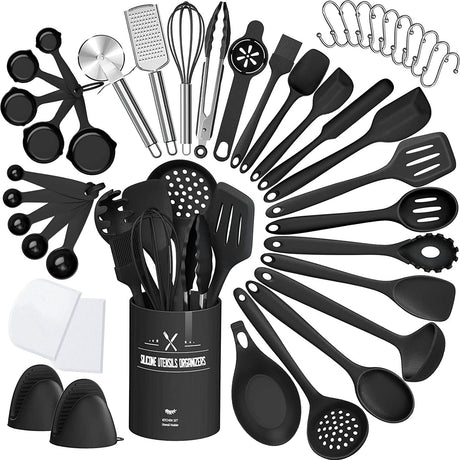 43 Pcs AIKKIL Kitchen Utensils Set, Heat Resistant Silicone Cooking Kitchen Utensils Set with Holder, Spoon, Spatula, Kitchen Gadgets Tools Set For Nonstick Cookware, Dishwasher(BPA Free, Black) AIKKIL