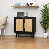 LYNSOM Buffet Cabinet with Storage, Sideboard Buffet Storage Cabinet with Rattan Decorated Doors, Set of 2 Accent Cabinet with Solid Wood Feet for Living Room, Entry, Hallway, Black LYNSOM