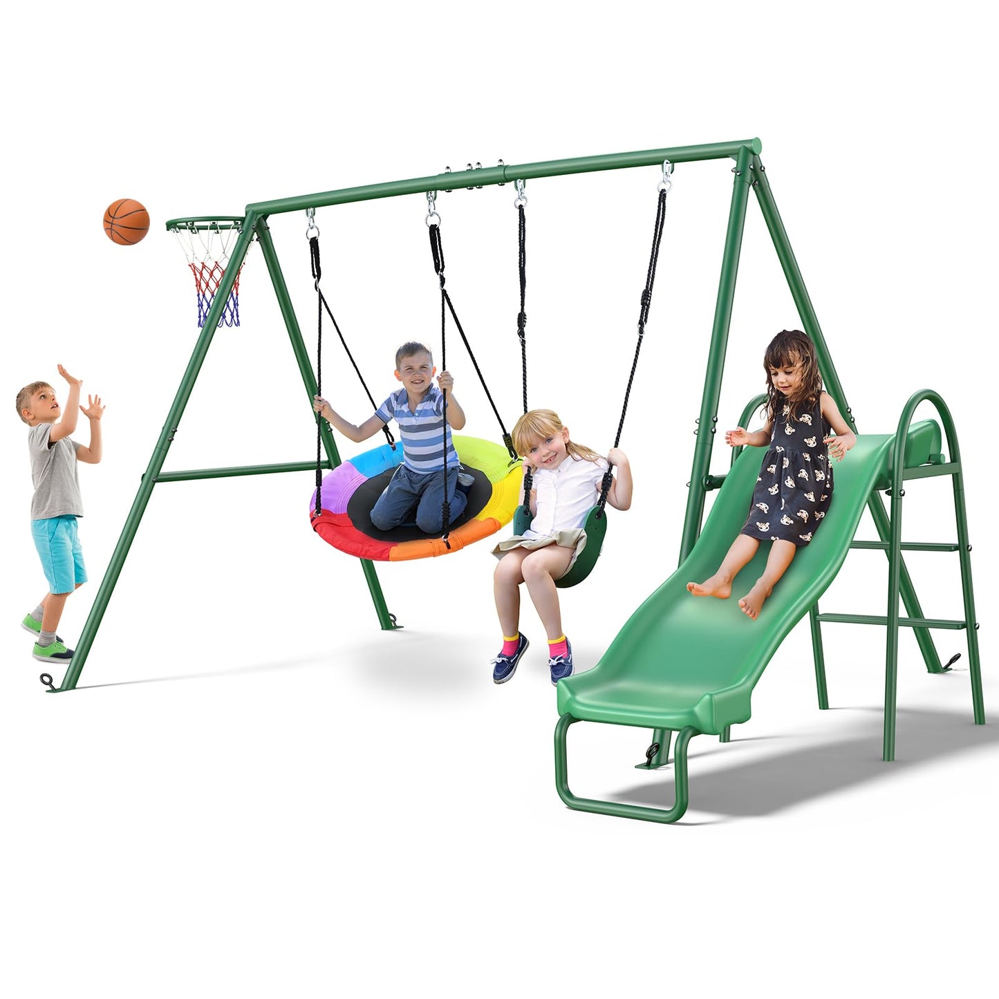 Hapfan 440lbs Swing Sets with Slide for Backyard, Swingset Outdoor for Kids, Heavy Duty Metal Playset, Saucer Swing, Belt Swing, Basketball Hoop