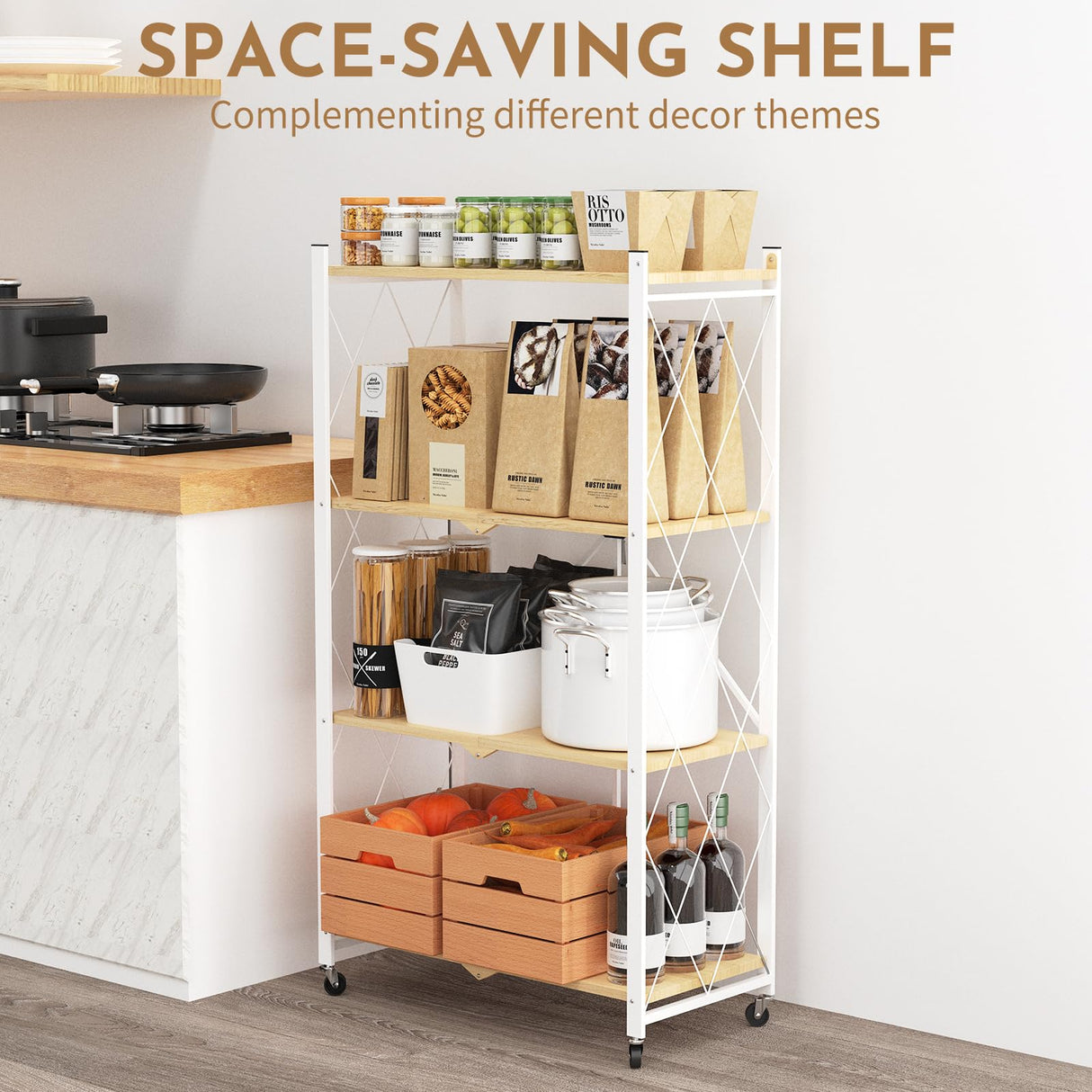 4 Tier Foldable Storage Shelf with Wheels,Folding Shelving Loads 400 LBS,No Assembly Bookshelf,Metal Shelving Units Storage for Garage,Living Room,Kitchen,Pantry, Office(27.9 x 13.3 x 49 in,White) FREGREE