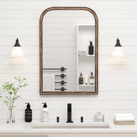 Acovy 20"x30" Solid Wood Bathroom Mirror Arch Tempered Glass for Wall Mounted, Rustic Wood Frame Wall Mirror Decorative for Living Room Bedroom Vanity Mirror Entryway Mirror, Rustic Brown Acovy