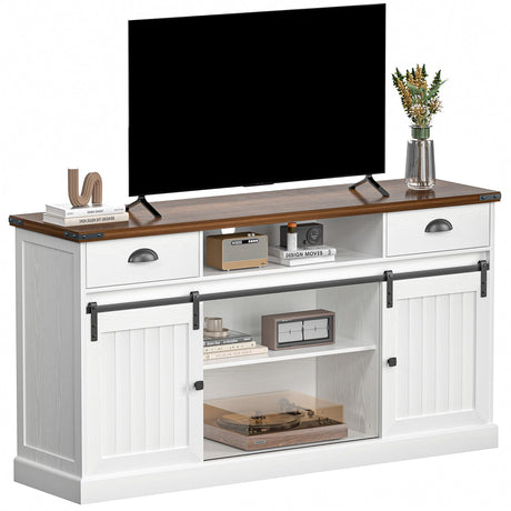 AntsandAnts Farmhouse TV Stand with Sliding Barn Doors & 2 Drawers - Entertainment Center for 65 inch TV, Rustic TV Console with Storage, Living Room TV Cabinet for 65" Television, White AntsandAnts