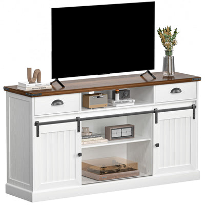 AntsandAnts Farmhouse TV Stand with Sliding Barn Doors & 2 Drawers - Entertainment Center for 65 inch TV, Rustic TV Console with Storage, Living Room TV Cabinet for 65" Television, White