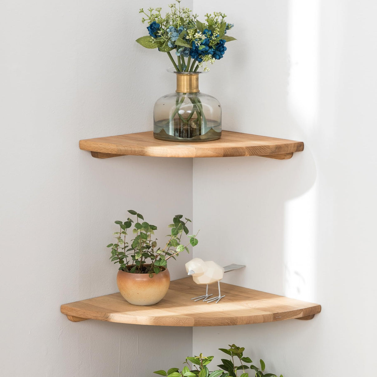 Corner Shelves, Floating Corner Shelf, Set of 2 7inch Solid Oak Wood Wall Shelves, Round End Wall Mount with Wire Hole Shelving for Small Plant for Bedroom Kitchen, Living Room Conamily