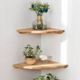 Corner Shelves, Floating Corner Shelf, Set of 2 7inch Solid Oak Wood Wall Shelves, Round End Wall Mount with Wire Hole Shelving for Small Plant for Bedroom Kitchen, Living Room Conamily
