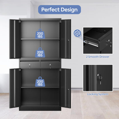 GLADIW Metal Storage Cabinet, Garage Storage Cabinet with 2 Drawers and 2 Adjustable Shelves, Locking Cabinet for Homes, Offices, Kitchens, Schools and Pantries, Black, Assembly Required - WoodArtSupply