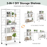 Himix 5 Tier Foldable Storage Shelves, Expandable Folding Pantry Shelf with Wheels, Changeable into 2 Shelf Units, Collapsible Storage Rack Metal Shelves for Kitchen, Room, Garage, White Himix