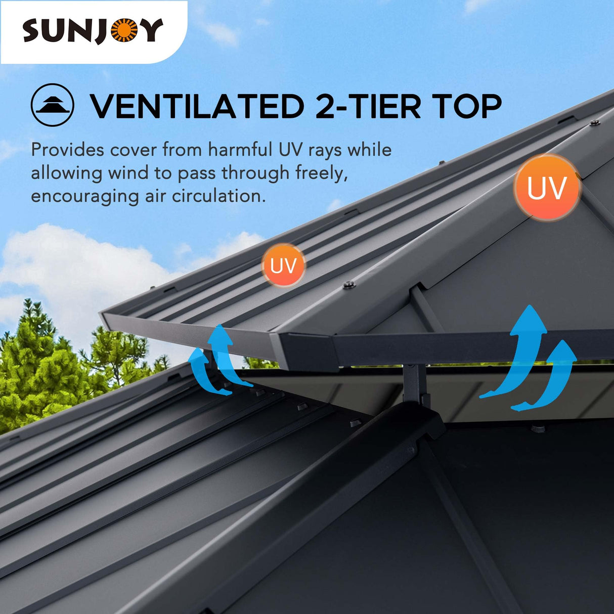 Sunjoy 13 x 15 ft. Wood Gazebo, Outdoor Patio Steel Hardtop Gazebo, Cedar Framed Wooden Gazebo with 2-tier Metal Roof, Suitable for Patios, Lawn and Backyard, Matte Black Roof + Gray Wood Frame Sunjoy