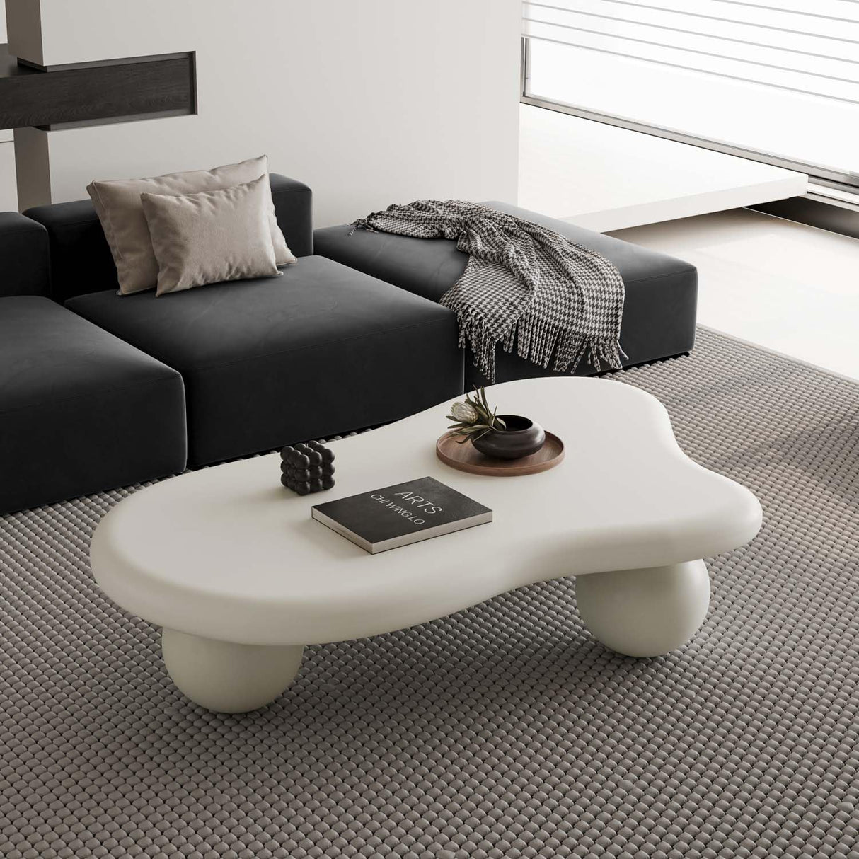 47" Modern White Coffee Table Cloud Shape Low Center Table Cute Irregular Indoor Tea Table with 3 Ball Legs for Living Room Small Space FGXJY