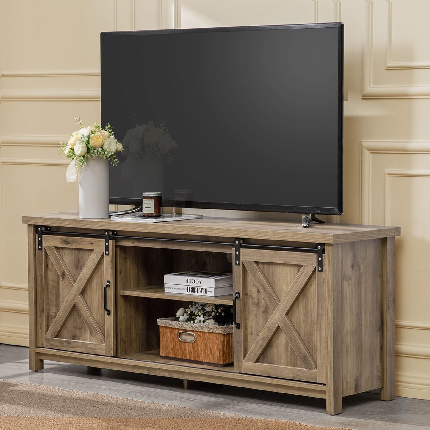 GAZHOME Farmhouse TV Stand with Sliding Barn Doors, Media Entertainment Center Console Table for TVs up to 65”,2-Tier Large Storage Cabinets,Rustic TV Stand for Living Room Bedroom,Light Grey - WoodArtSupply