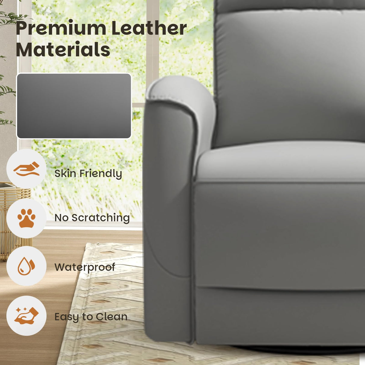 CANMOV Rocker Recliner Chair,360°Swivel Nursery Glider Recliner,Manual Recliner Sofa with Padded Armrest and Backrest,Leather Recliner for Small Spaces,Living Room,Bedroom,Grey CANMOV