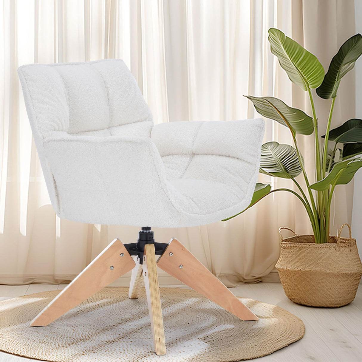 SOERGO Mid Century Accent Chair, Lambs Wool Vanity Chair Modern Cozy Desk Chair no Wheels with Amrest, Wood Legs for Living Room, Reading Room, Bedroom, White SOERGO