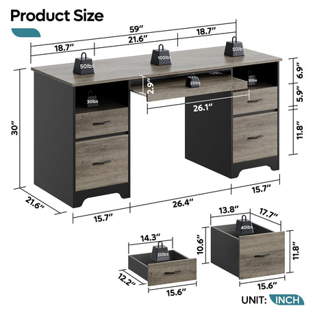 Bestier 59” Computer Desk with 4 Drawers, Office Desk with Storage, Industrial Executive Desk with File Drawer, Keyboard Tray & 2 Pedestals on Both Sides for Home Office & Studio, Grey Bestier