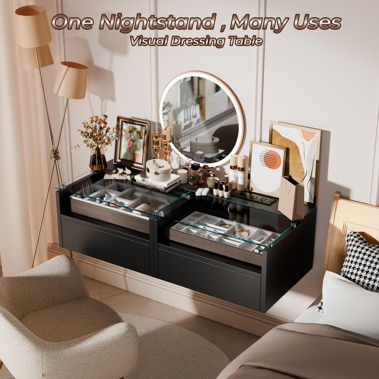 yacchi home Floating Nightstand set with Charging Station, Floating Nightstand with Charging Station and LED, Night Stand for Living Room, Entryway Wall, Bedroom Black Nightstand (2), FN864A2 yacchi home