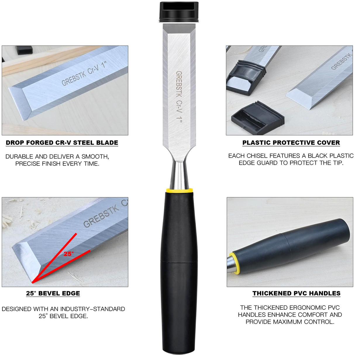 GREBSTK 4 Piece Wood Chisel Set for Woodworking, Professional CR-V Steel Bevel-Edge Bench Chisels, Extra Large High Impact Handle GREBSTK