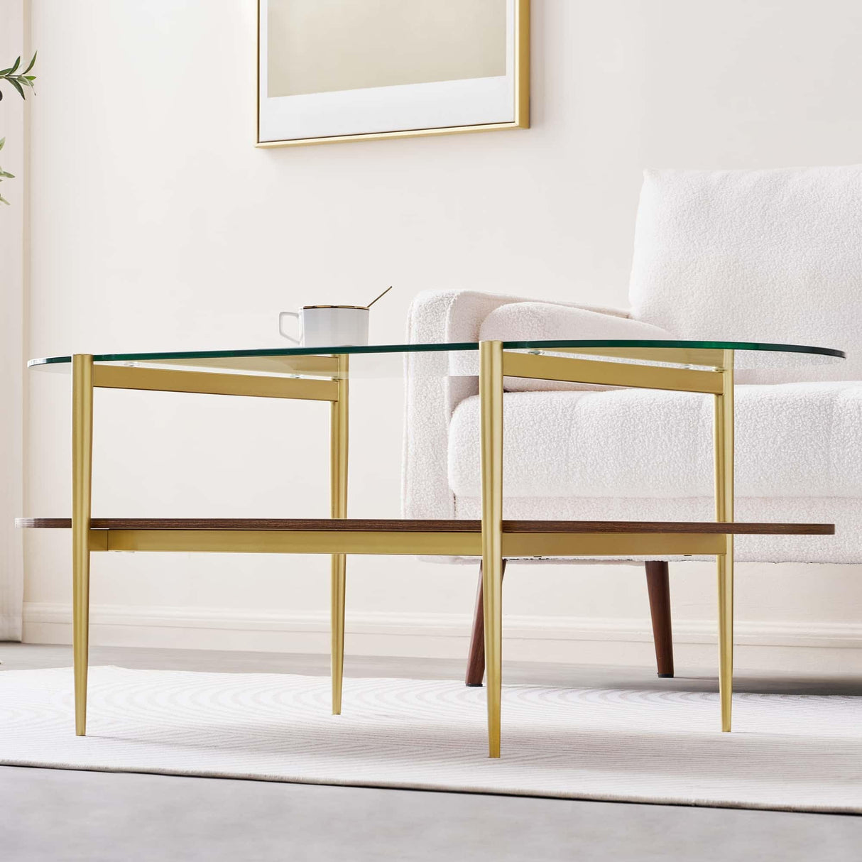LumFurn Oval Glass Coffee Table, Mid-Century Modern Design, L41 x W21 x H17 inch, for Living Room, 2-Tier Structure, Clear Glass Top and Walnut Finish Wood Shelf, Conical Legs with Gold Finish Frame LumFurn