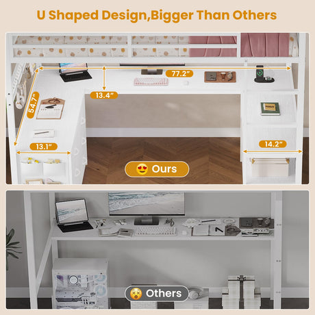 ADORNEVE Loft Bed Full Size with U-Shaped Desk, 6 Storage Drawers, Power Outlet, LED Metal Loft Bed with 2 Storage Shelves, Bed with Safety Guardrail & Ladders,Space-Saving,White ADORNEVE