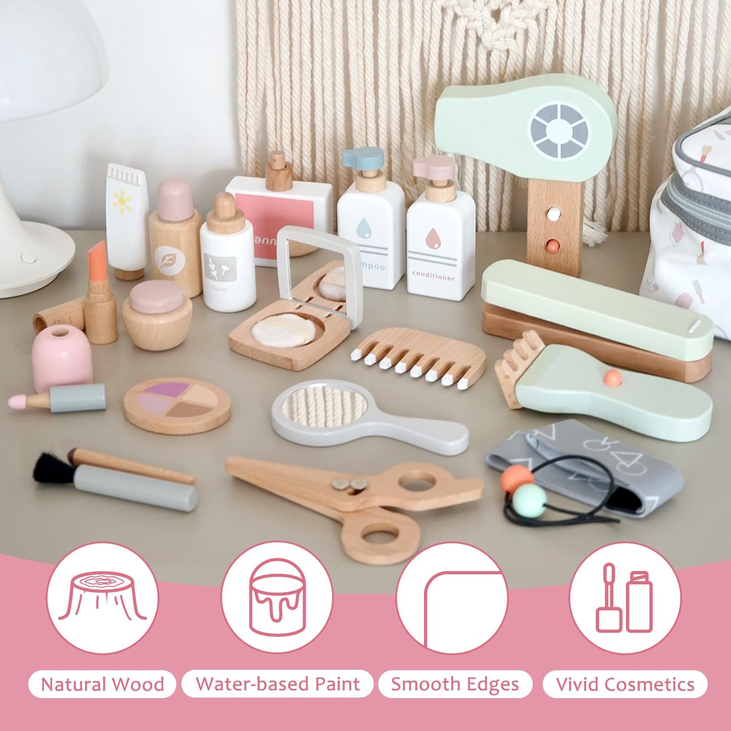 Smartwo Wooden Makeup Toy Set for Toddler Pretend Play 22 PCS Wood Beauty Salon Toys Cute Wooden Makeup Kit with Realistic Accessories Gift for Girls 3 4 5 6 - WoodArtSupply