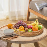 Whalehub Round Rattan Serving Tray with Handles,2 Hand Woven Basket, Home Decor Organizer Tray for Breakfast, Tea, Snack, Fruit, Coffee, Storage (Large + Medium)(14.17inchX2.3inch+11.9inchX1.7inch Whalehub