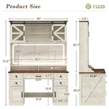 75.2" Farmhouse Vanity Desk with Mirror and Lights, Makeup Vanity Table with 5 Drawers & 2 Sliding RGB Door & Power Outlet, 3 Color Lighting Modes, Big Vanity for Bedroom, Antique White CSZZD